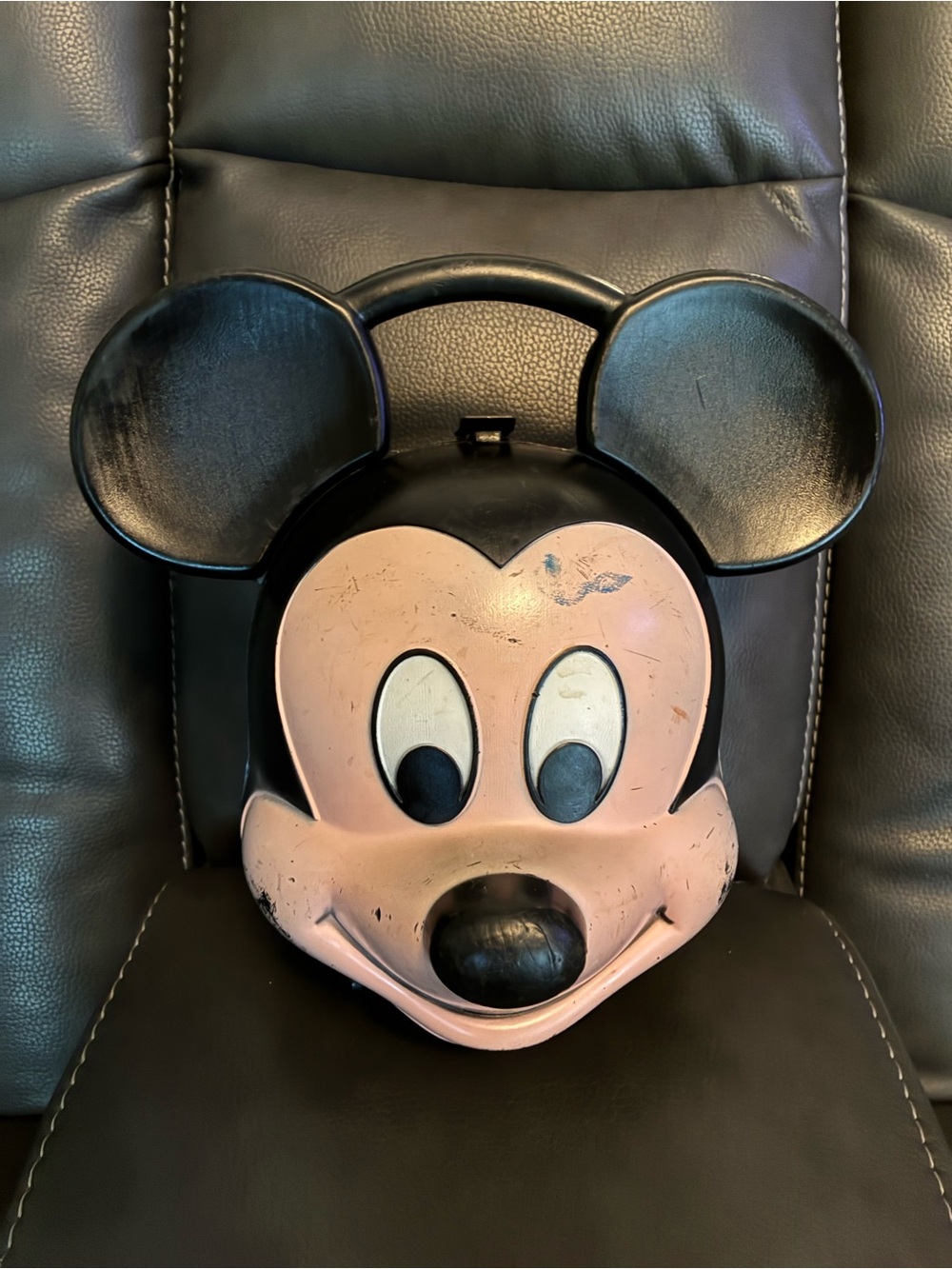 Vintage Aladdin Hard Plastic Mickey Mouse Head Lunch Box 1980s - Black & Peach